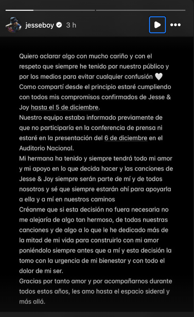 Jesse Huerta confirma que no estará en concierto de Jesse & Joy en el Auditorio Nacional